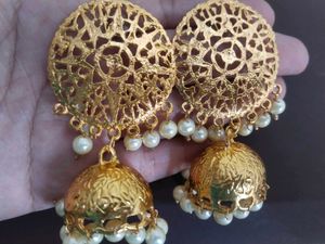 Gold Tone Jhumka Earrings with Pearl Detailing