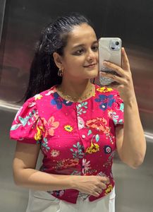 Chic Pink Floral Print Puff Sleeve Top