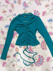 Teal Ruched Collared Long Sleeve Top