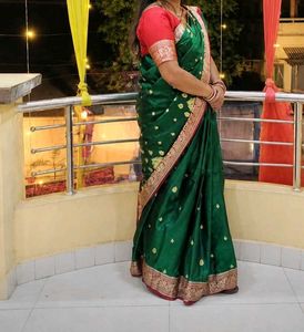 Elegant Green Saree with Red Blouse