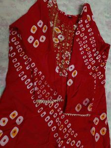 Red Bandhani Print Kurta with Embroidery