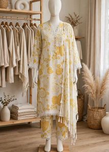 Yellow Floral pakistani Print Kurta set w