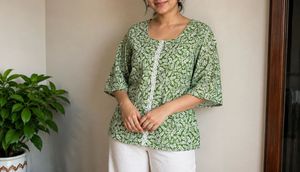Green Leaf Print Kurta Top
