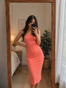 Coral Ribbed Midi Dress