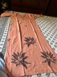 Peach Embroidered Cotton Kurta Set