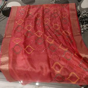Elegant Coral Saree with Sequins