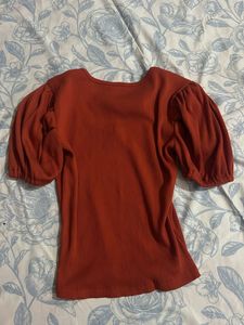 Orange Puff Sleeve Ribbed Top
