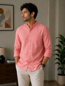 Men's Coral Mandarin Collar Shirt
