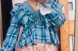 Trendy Plaid Ruffle V-Neck Top