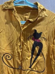 Cute Cat Print Yellow Button-Up Top