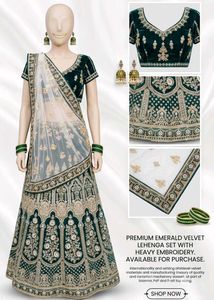 Emerald Velvet Lehenga Set with Embroidery
