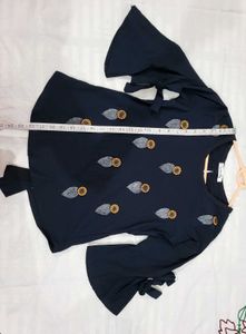 Navy Blue Embroidered Sleeve Tie Top