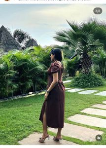 Chic Brown Puff Sleeve Midi Dress
