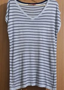 Striped V-Neck Casual Blue Top