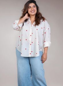 Chic White Heart Print Button-Up Shirt