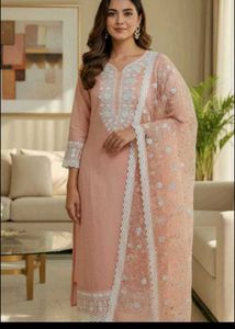 Peach Embroidered unstitched suit Set with Dupatta