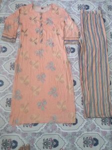 Peach Floral Kurta & Striped Pant Set