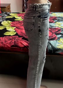 Grey Wide Leg Frayed Jeans