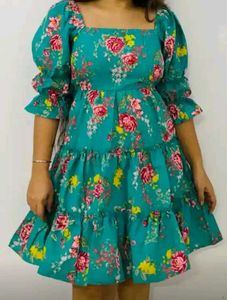 Trendy Teal Floral Tiered Dress