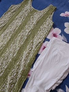 Green embroidered  Kurta with White Pants