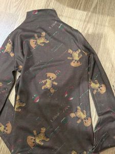 Brown Teddy Bear Print Turtleneck Top