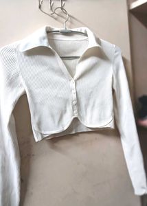 White Ribbed Collared Crop Top