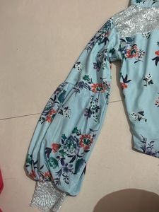 Light Blue Floral Lace Neck Top