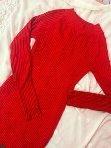 Chic Ribbed Knit Red Dress