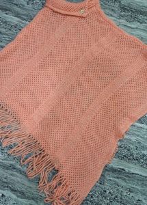 Coral Knit Poncho with Fringe