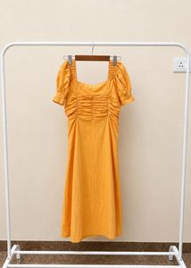 Orange Ruched Puff Sleeve Midi Dress