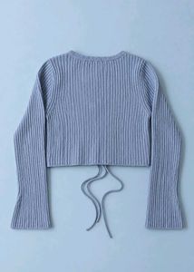 BLUE RIBBED LACE-UP CROPPED KNIT TOP