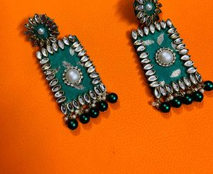 Fancy Fabric Earrings Colour Green Party Wear Earr