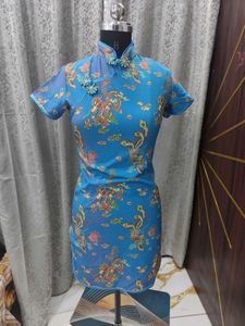 Blue Dragon Print Cheongsam Dress