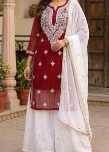 Maroon Kurta Sharara Set with White Dupatta