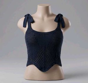 Navy Blue Knit Crop Top with Tie Shoulders
