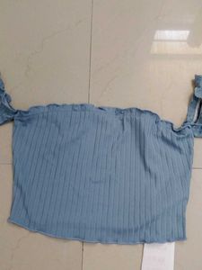 Blue Ribbed Off-Shoulder Top
