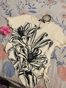 Cream Ribbed Top with Black Floral Print