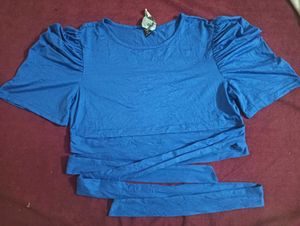 Blue Puff Sleeve Wrap Top