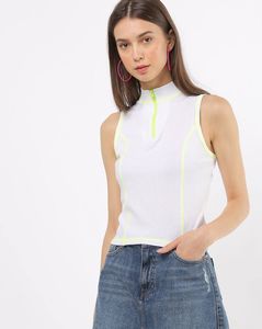Bershka White Ribbed Zip-Up Tank Top