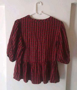 Red Plaid Peplum Top, 87cm