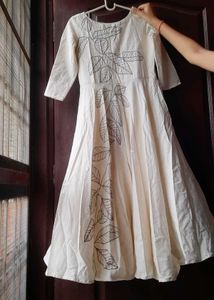 Elegant Cream Anarkali Dress with Leaf Print