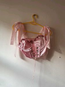 Pink Satin Corset Top with Floral Detail