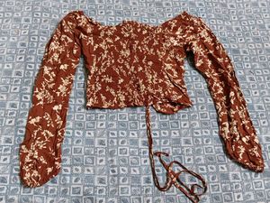 Brown Floral Ruched Long Sleeve Top