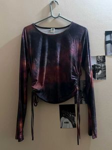 :Trendy Tie-Dye Ruched Long Sleeve Crop Top for Wo