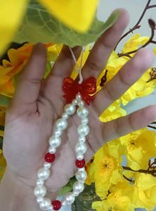 Pearl beaded with Red Bow phone charm