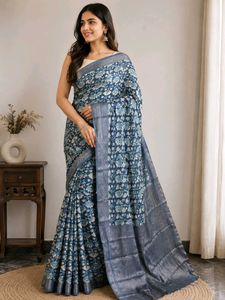 Elegant Blue Floral Print Saree