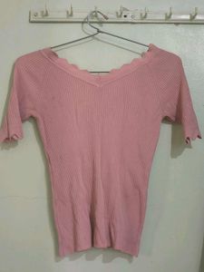 Pink Ribbed Button-Up Top