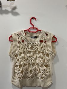 Cream Crochet Knit Sleeveless Top