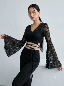 Black Lace Bell Sleeve Crop Top