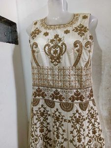 Elegant Cream &amp; Brown Patterned Dress